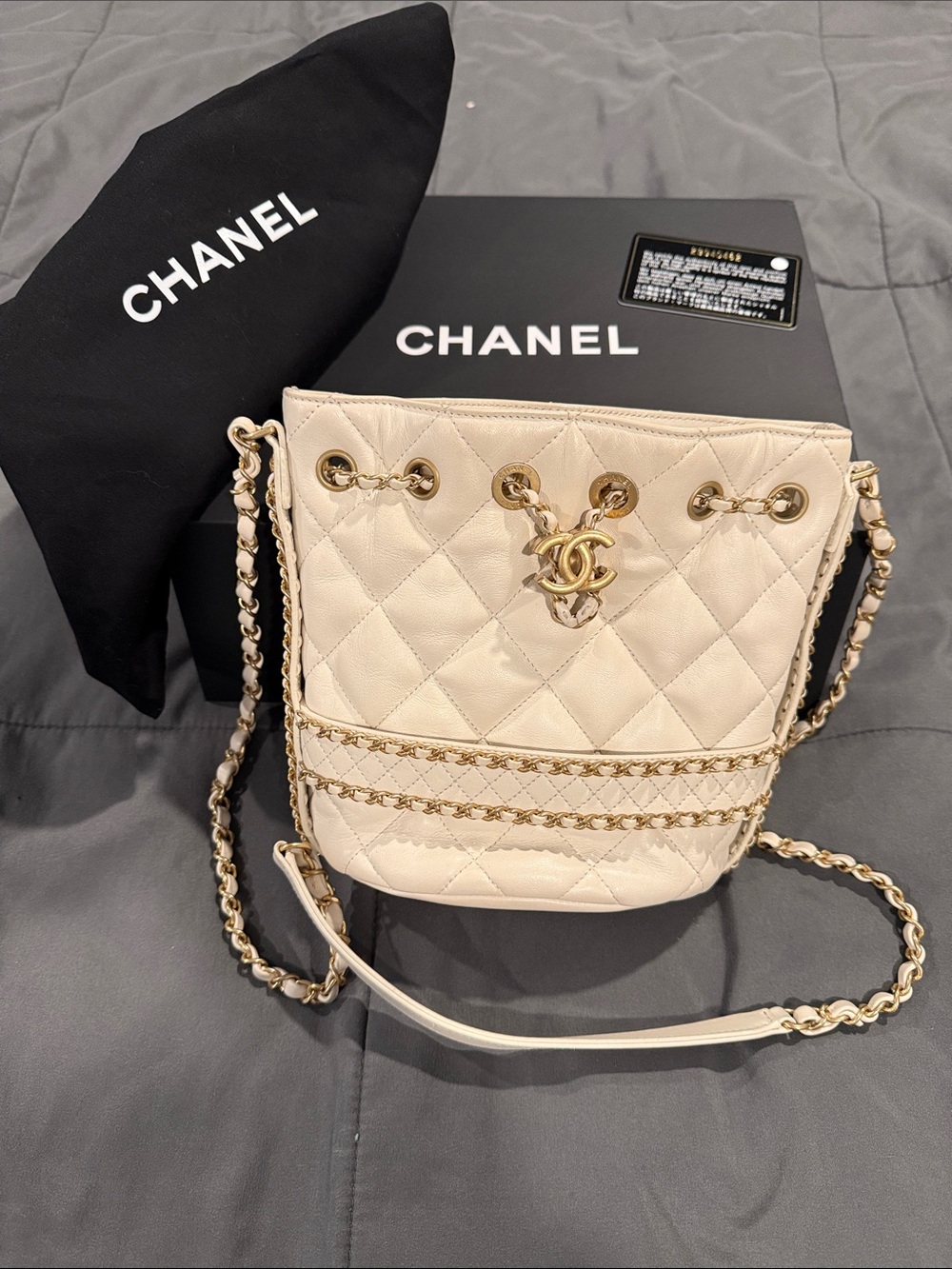 CHANEL Cream Lambskin bucket bag